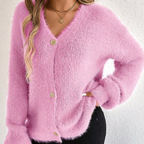 Casual Pink Women's Elegant Long Sleeve V Neck Cardigan with Wooden Button - Picture 1 of 7